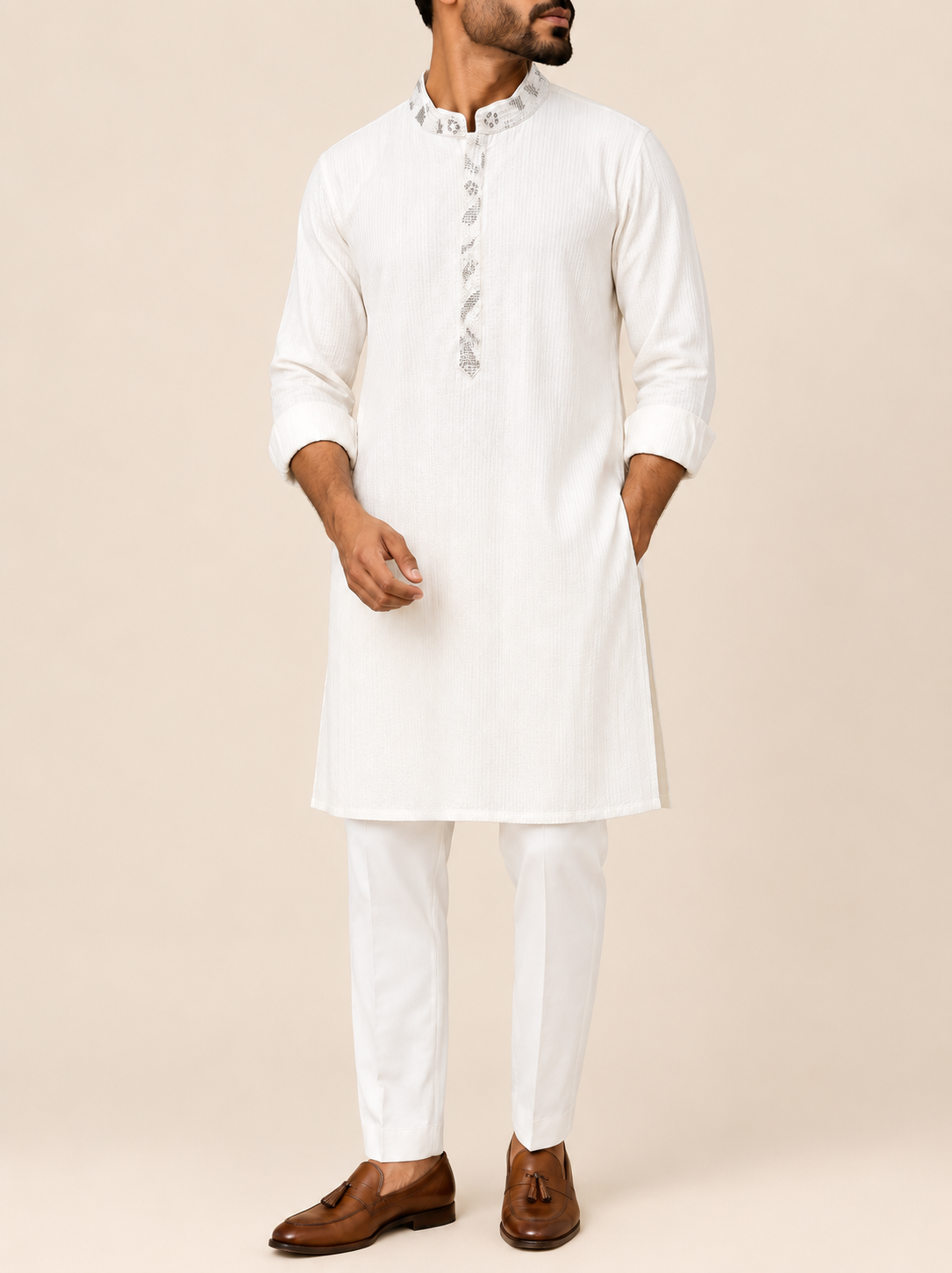 Ivory Pleated Silk Kurta
