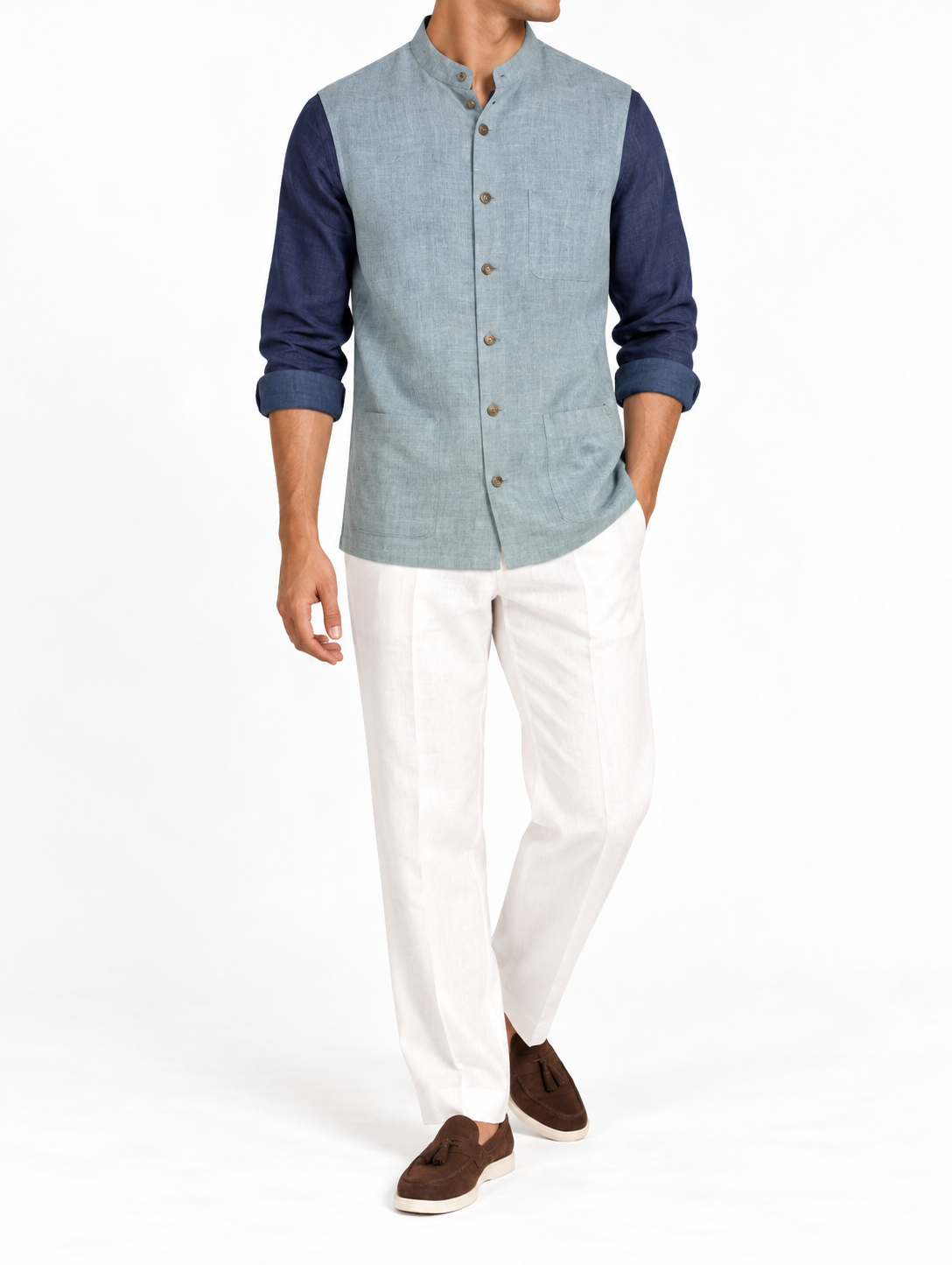 Powder Blue and Navy 60 Lea Linen Shirt