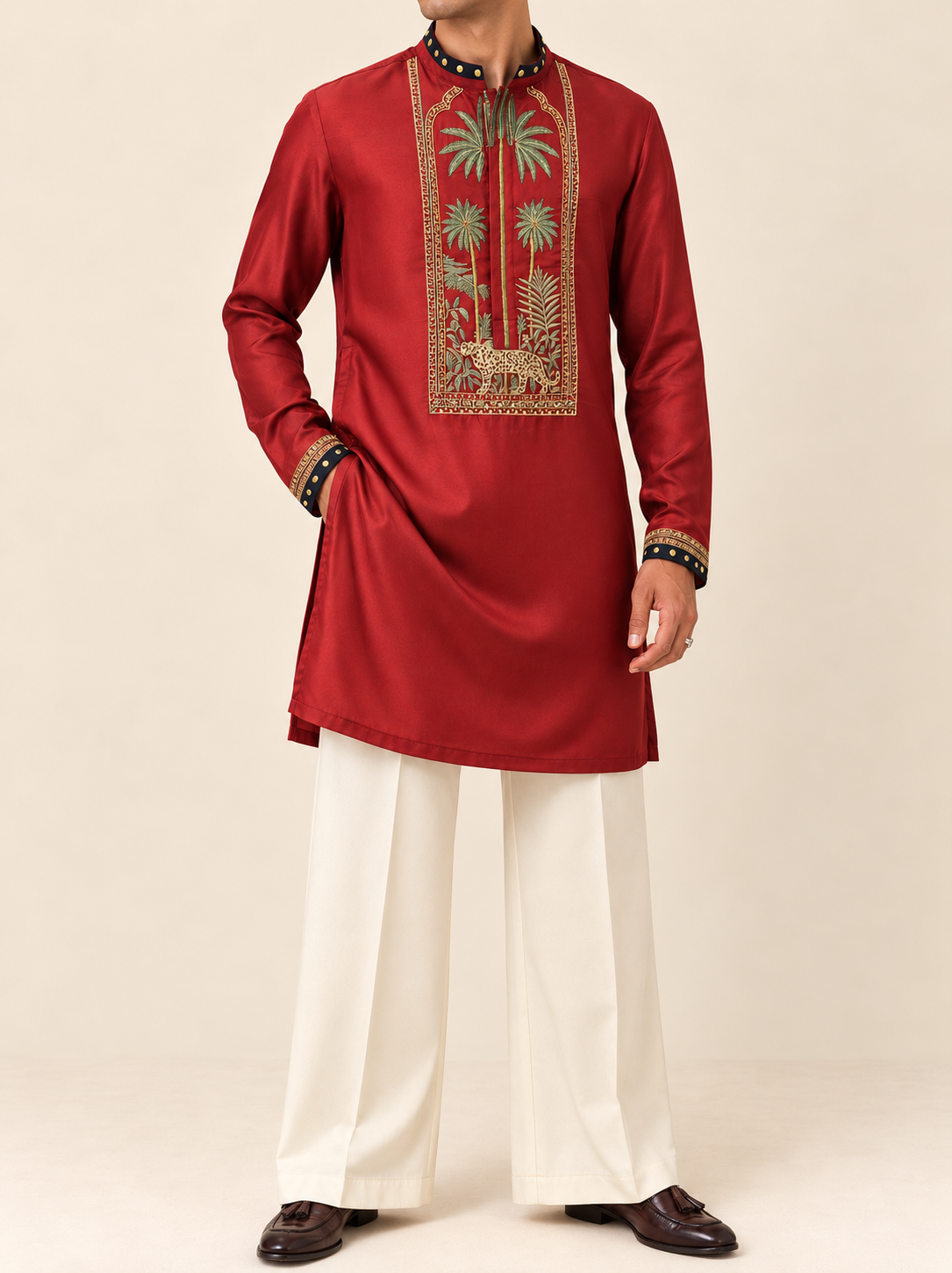 Rust Red Silk Embroidered Kurta
