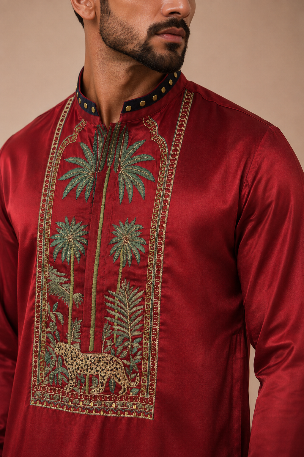 Rust Red Silk Embroidered Kurta