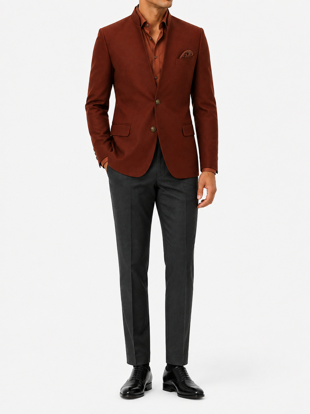 Rust Premium Wool V-Neck Bandhgala
