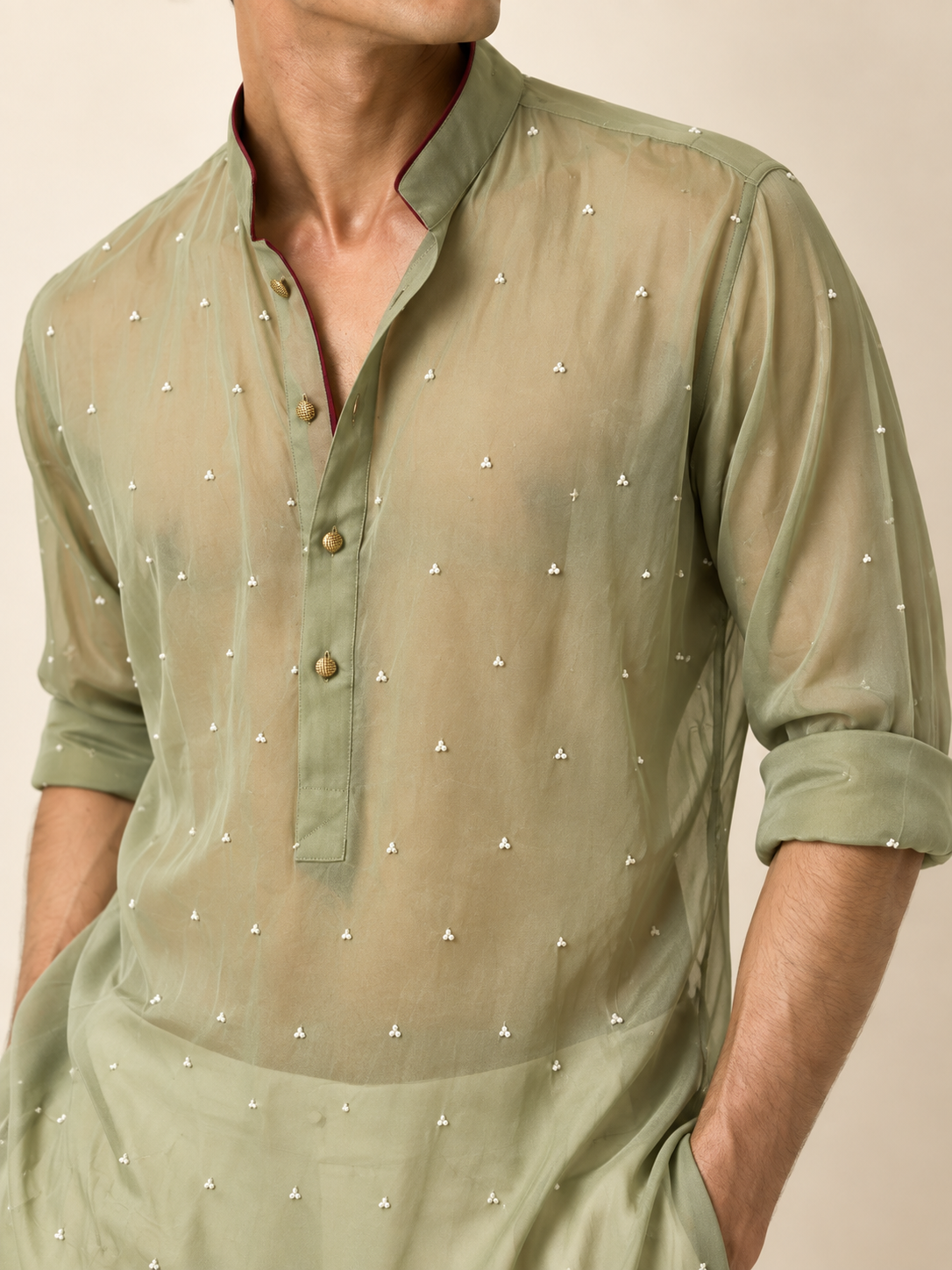 Sage Green Hand-Embroidered Georgette Kurta detail