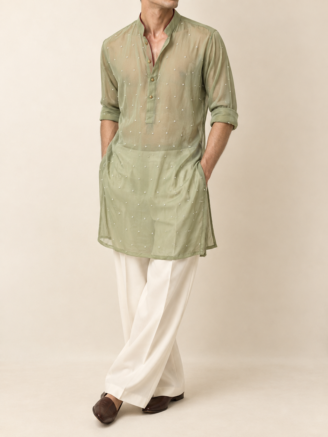 Sage Green Hand-Embroidered Georgette Kurta