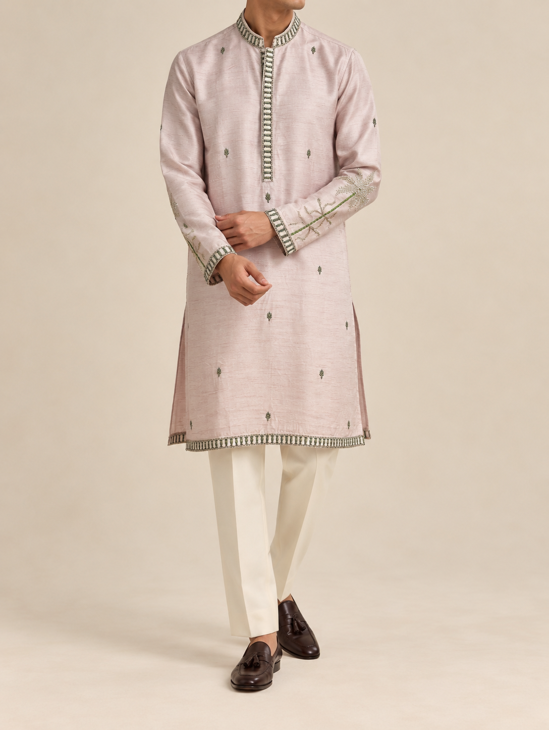 Blush silk palm embroidered kurta