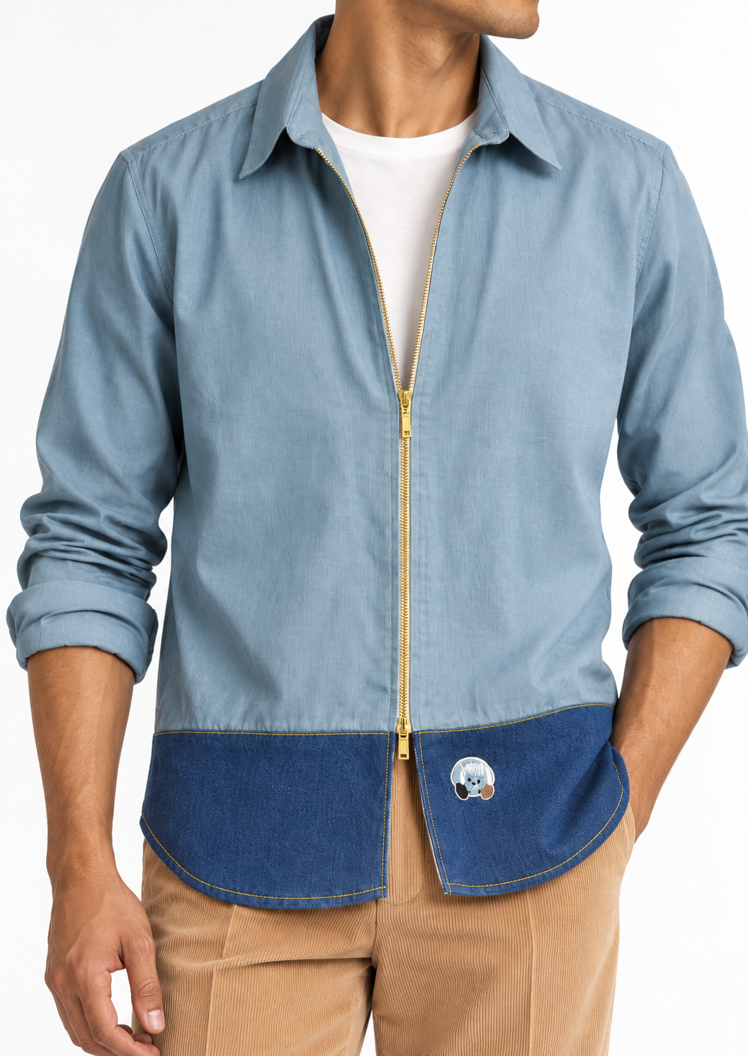 Sky Blue and Indigo Cotton Corduroy Zip Shirt detail