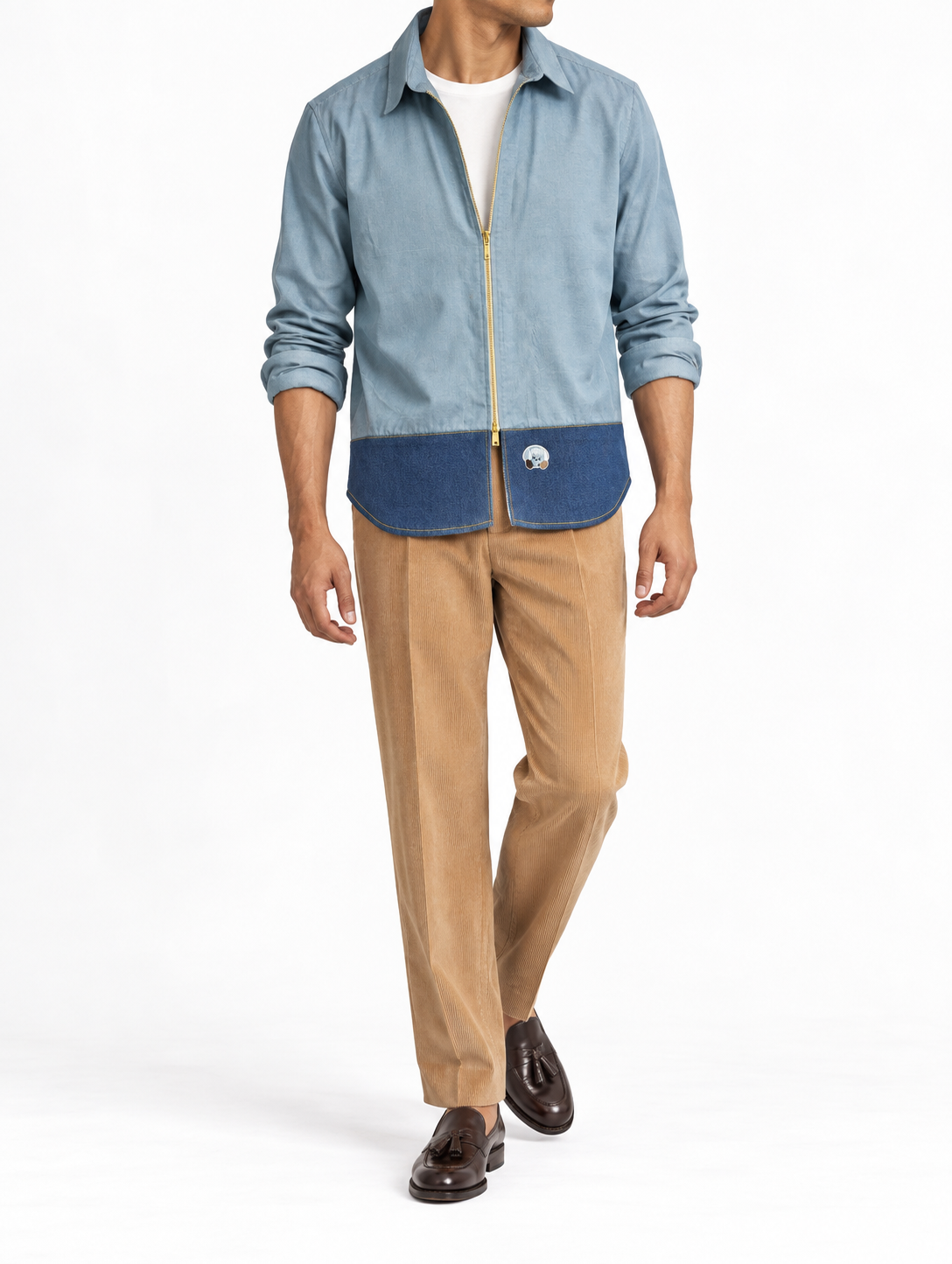 Sky Blue and Indigo Cotton Corduroy Zip Shirt