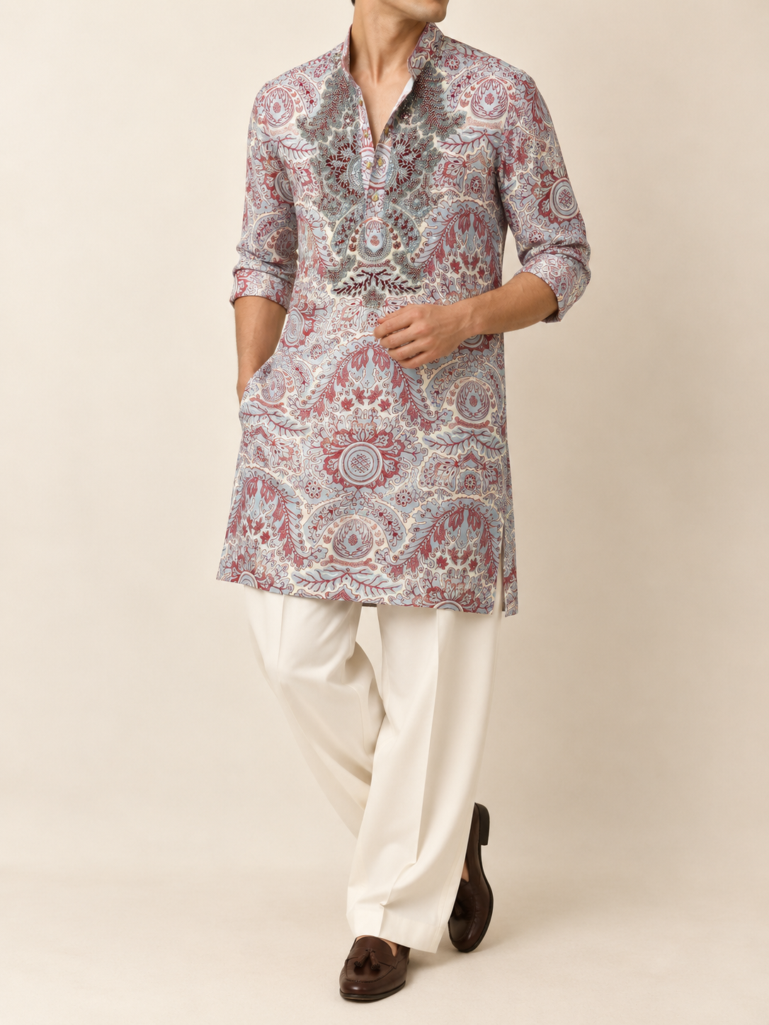 Sky and rose paisley hand-embroidered Japanese satin kurta
