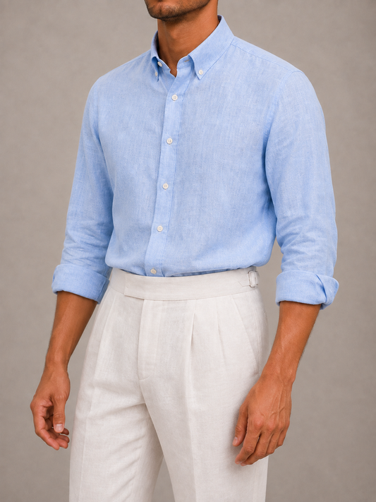 Sky Blue Linen Button-Down Shirt