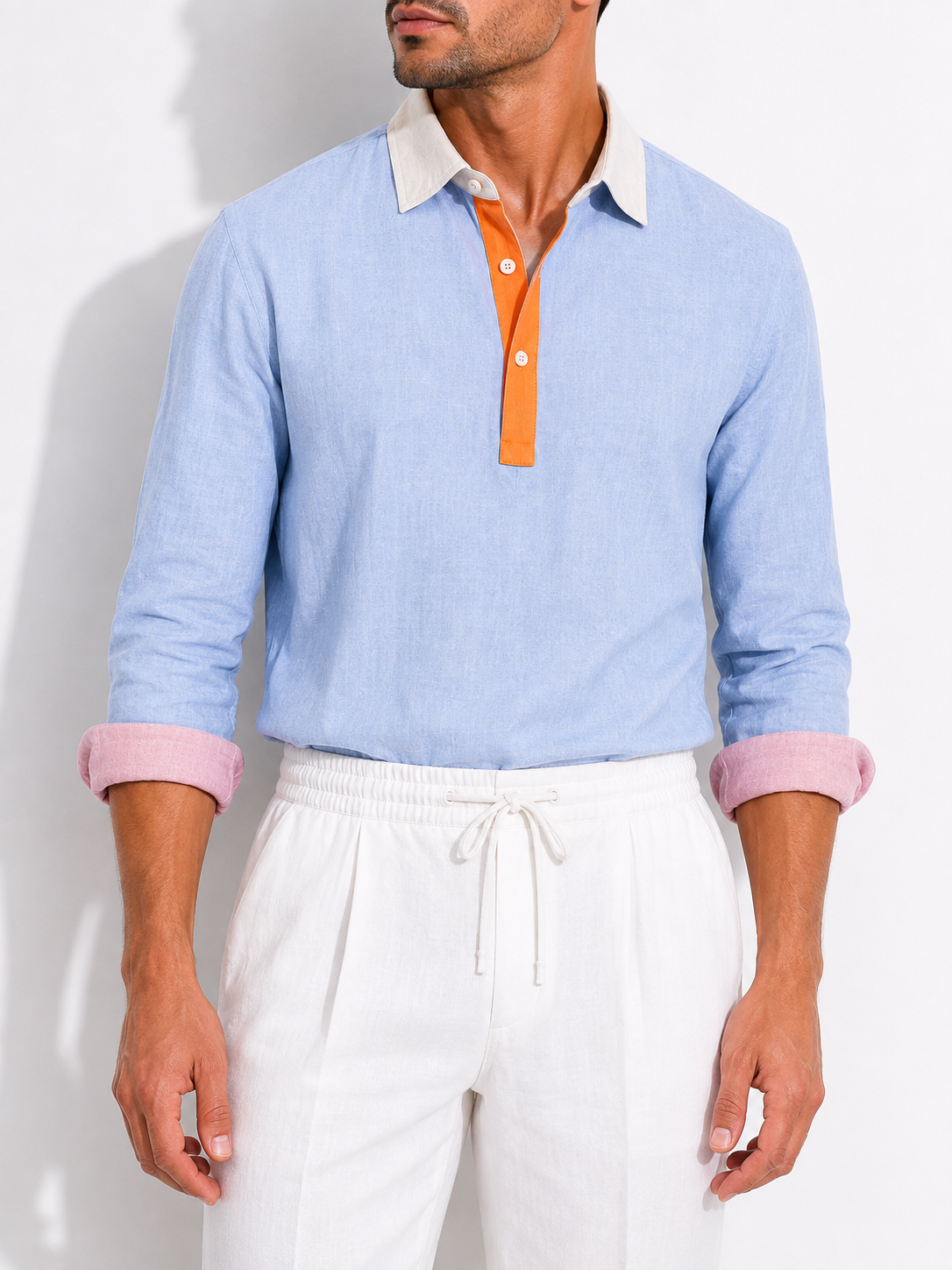 Sky Blue Contrast Collar Linen Polo