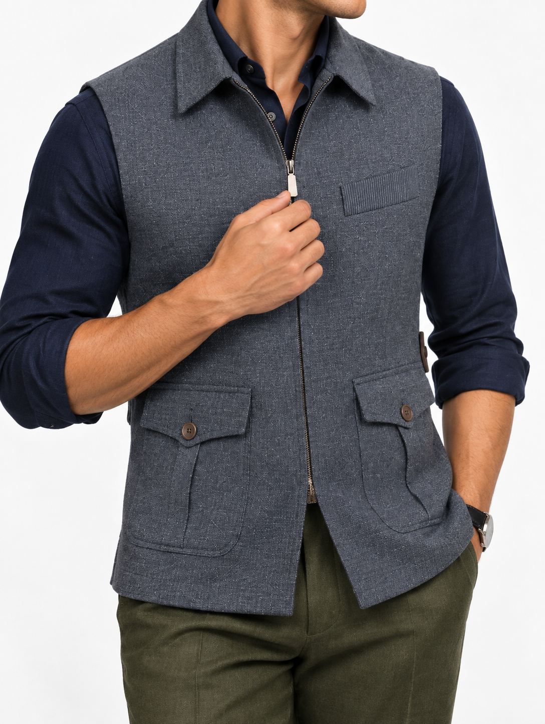 Slate Blue Linen Zip Nehru Jacket detail