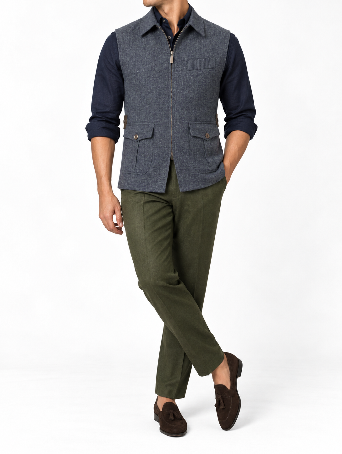Slate Blue Linen Zip Nehru Jacket