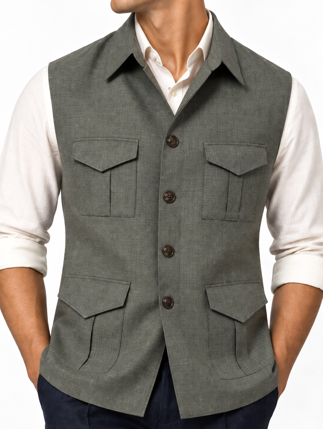 Slate Olive Linen Safari Waistcoat detail