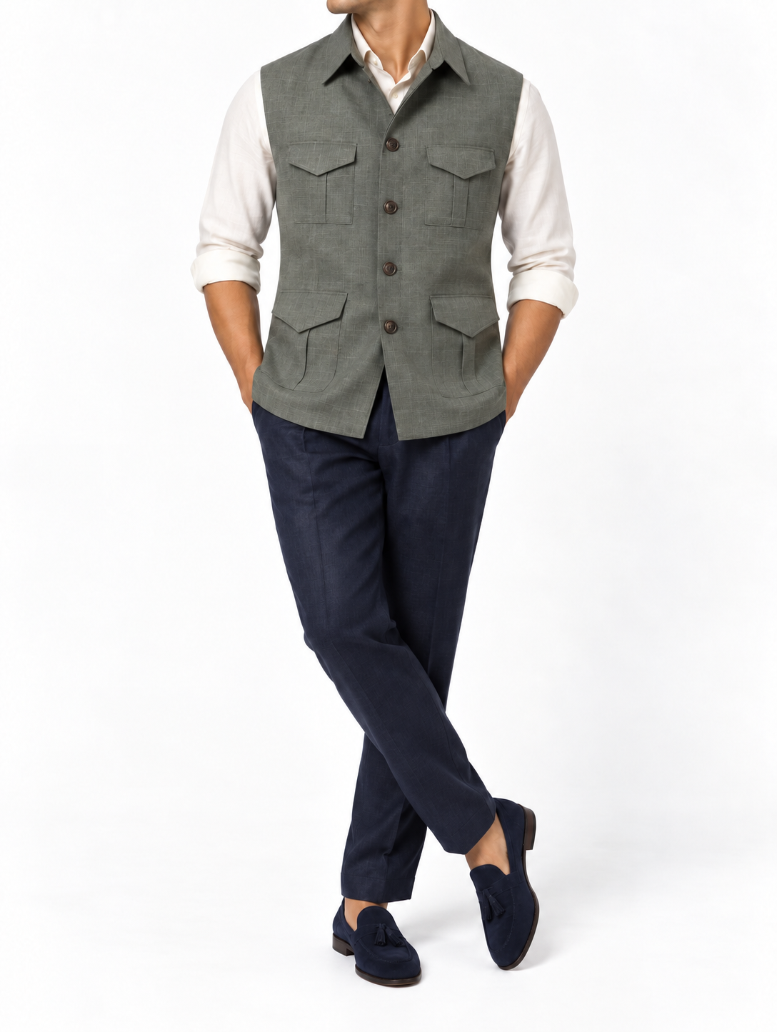 Slate Olive Linen Safari Waistcoat
