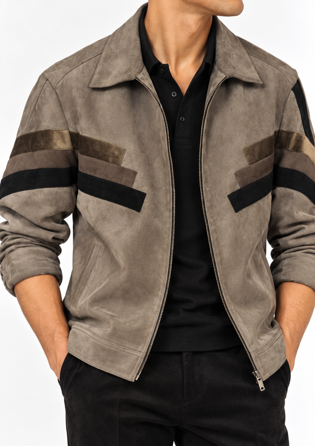 Taupe brown suede colour-block shacket detail