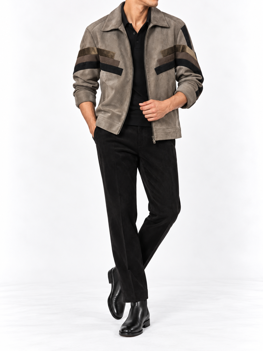 Taupe brown suede colour-block shacket