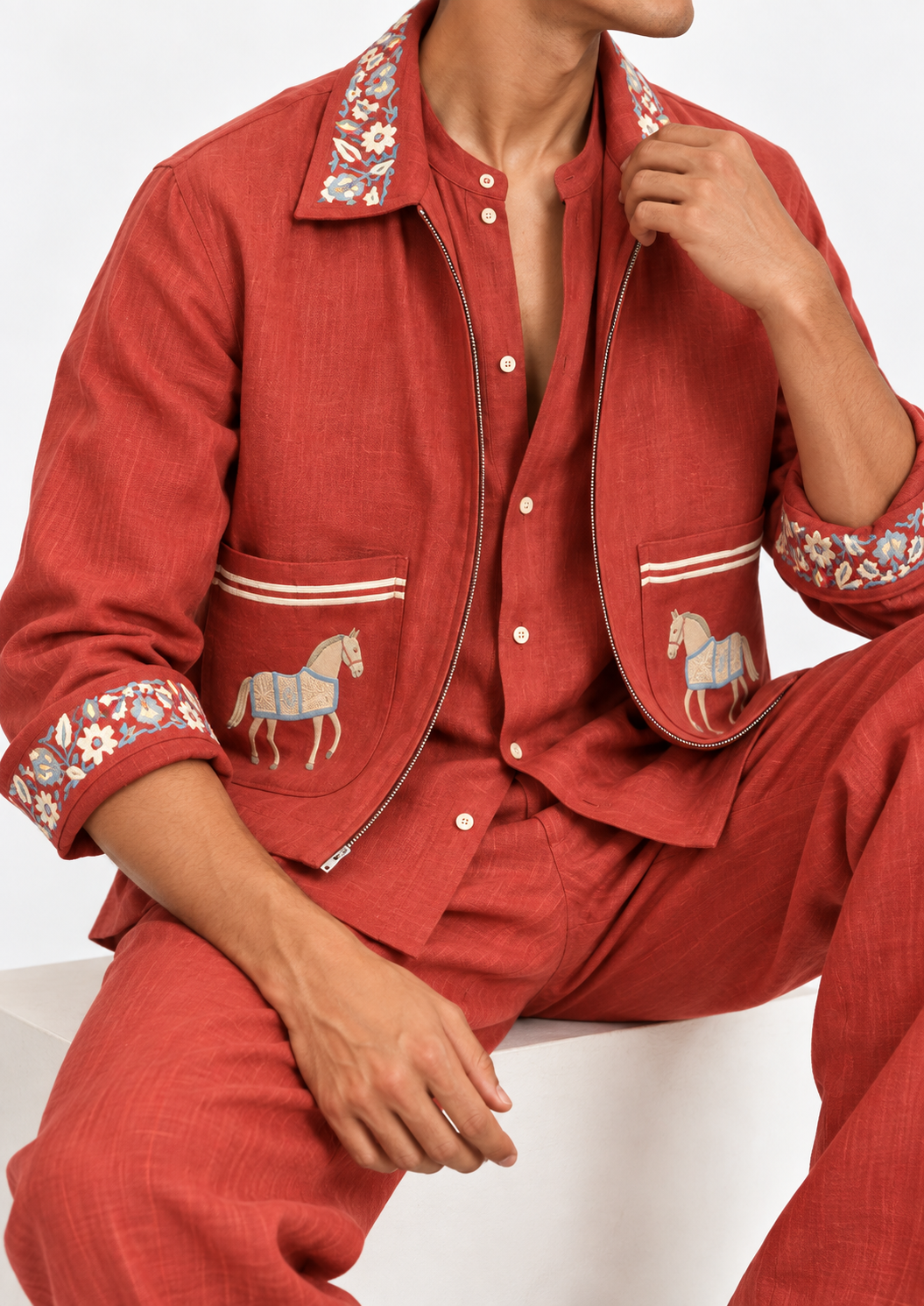 Tomato Red Embroidered Linen Shacket detail