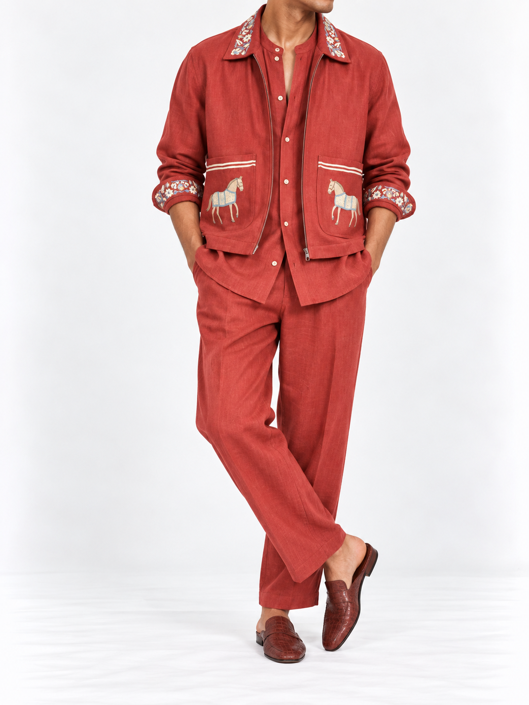 Tomato Red Embroidered Linen Shacket