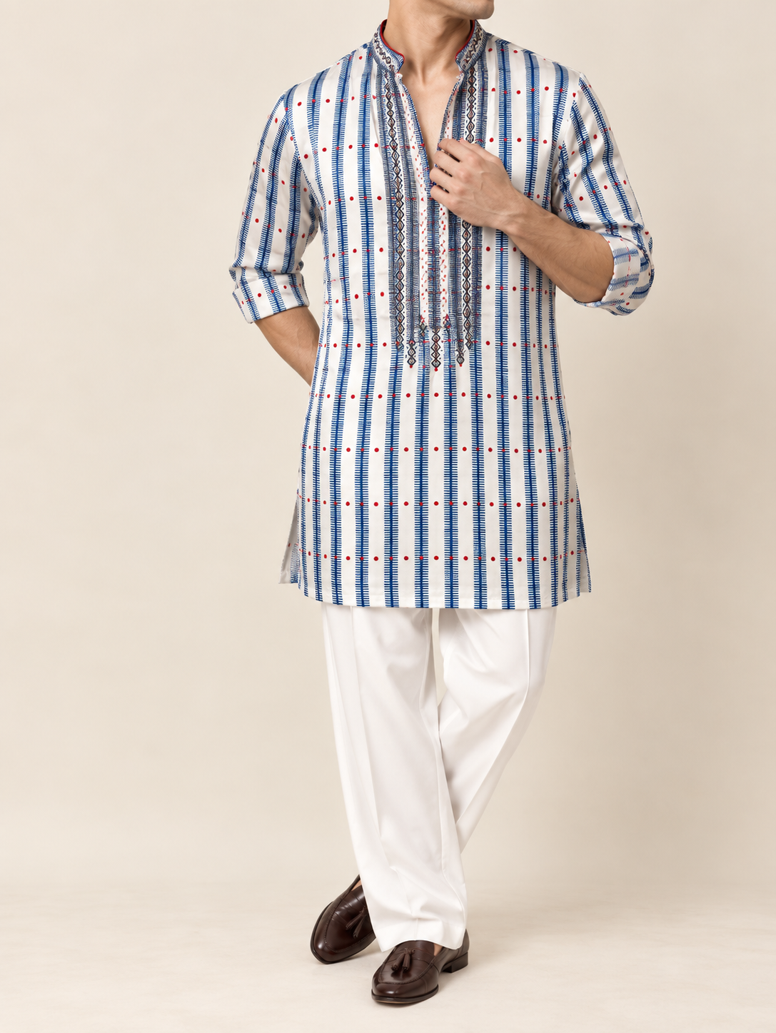White and blue Japanese satin hand-embroidered kurta