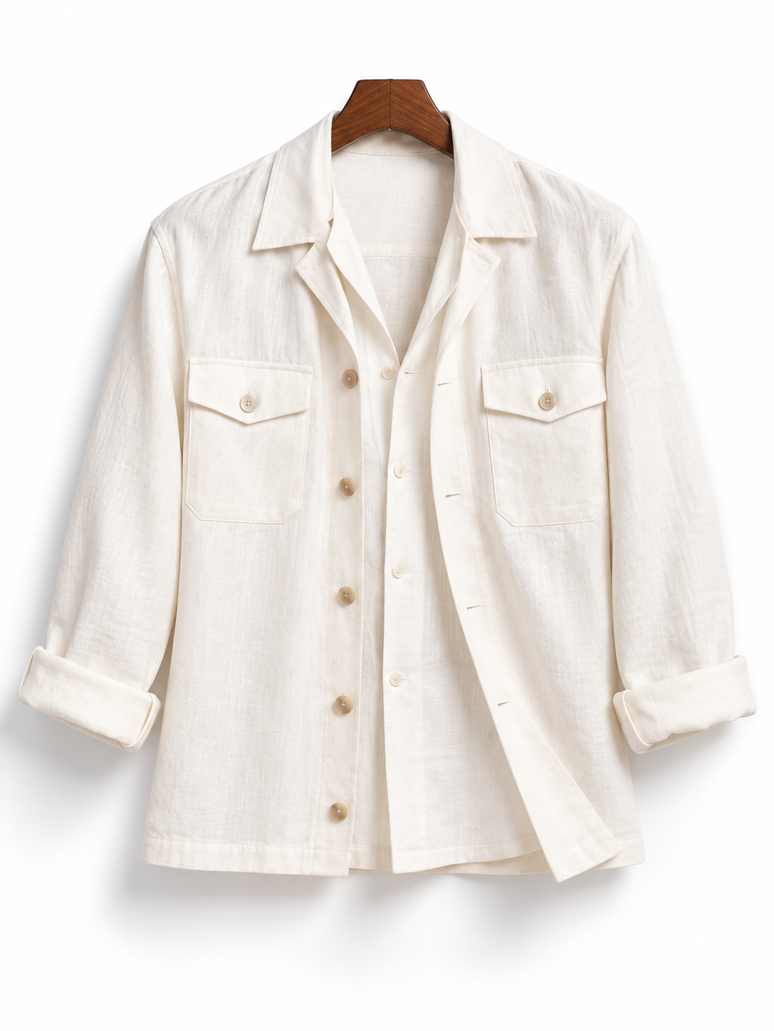 White Linen Comfort Shacket on hanger