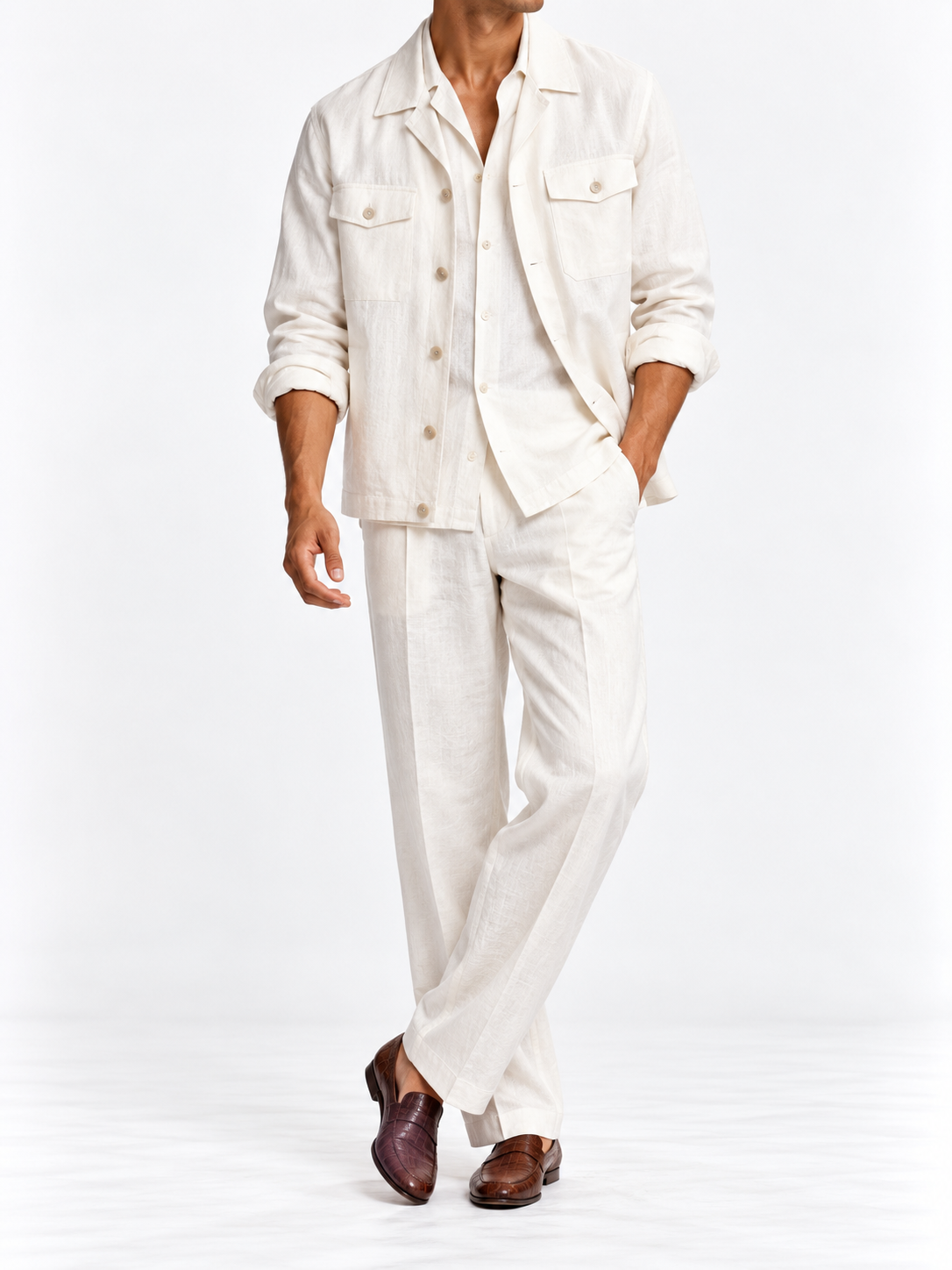 White Linen Comfort Shacket worn on model