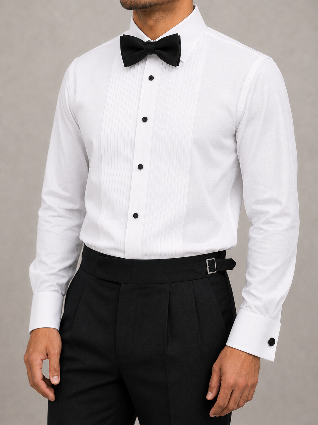 White Giza Cotton Tuxedo Pleated Shirt