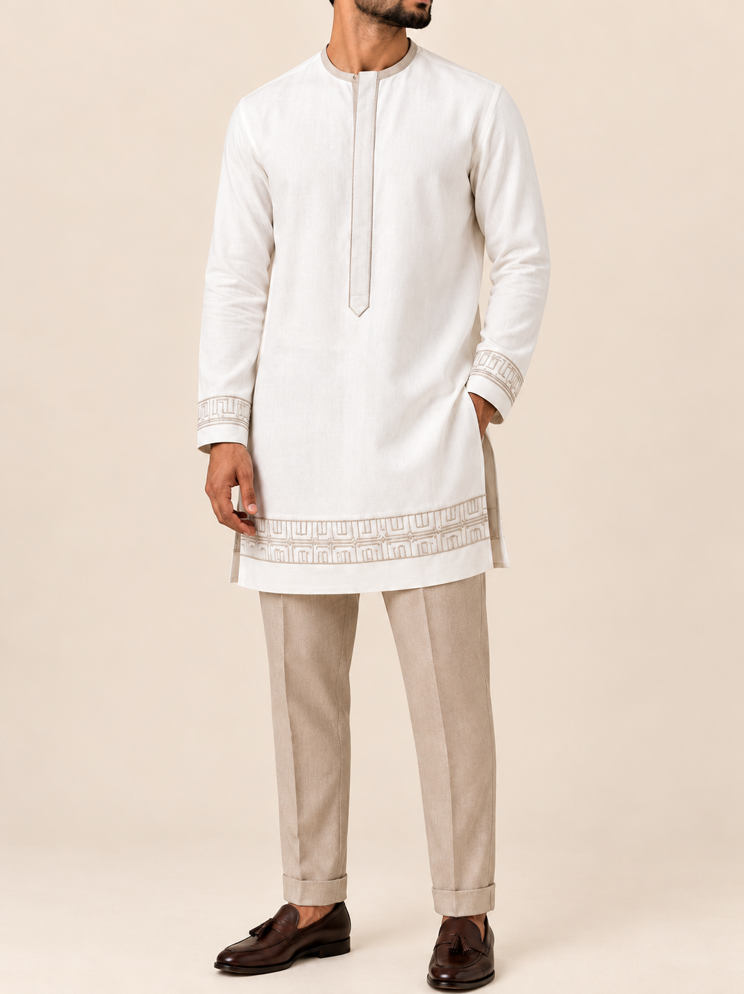 Ivory Geometric Embroidered Linen Kurta