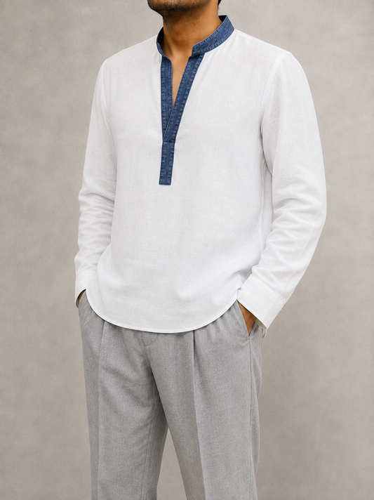 Capri Denim-Trim Linen Kurta Shirt