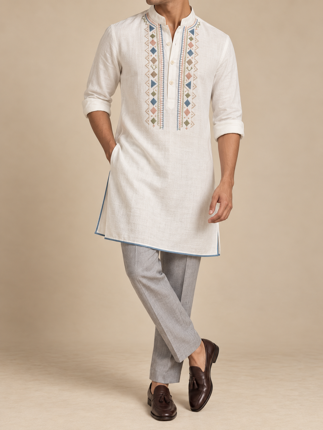 Ivory Linen Embroidered Kurta