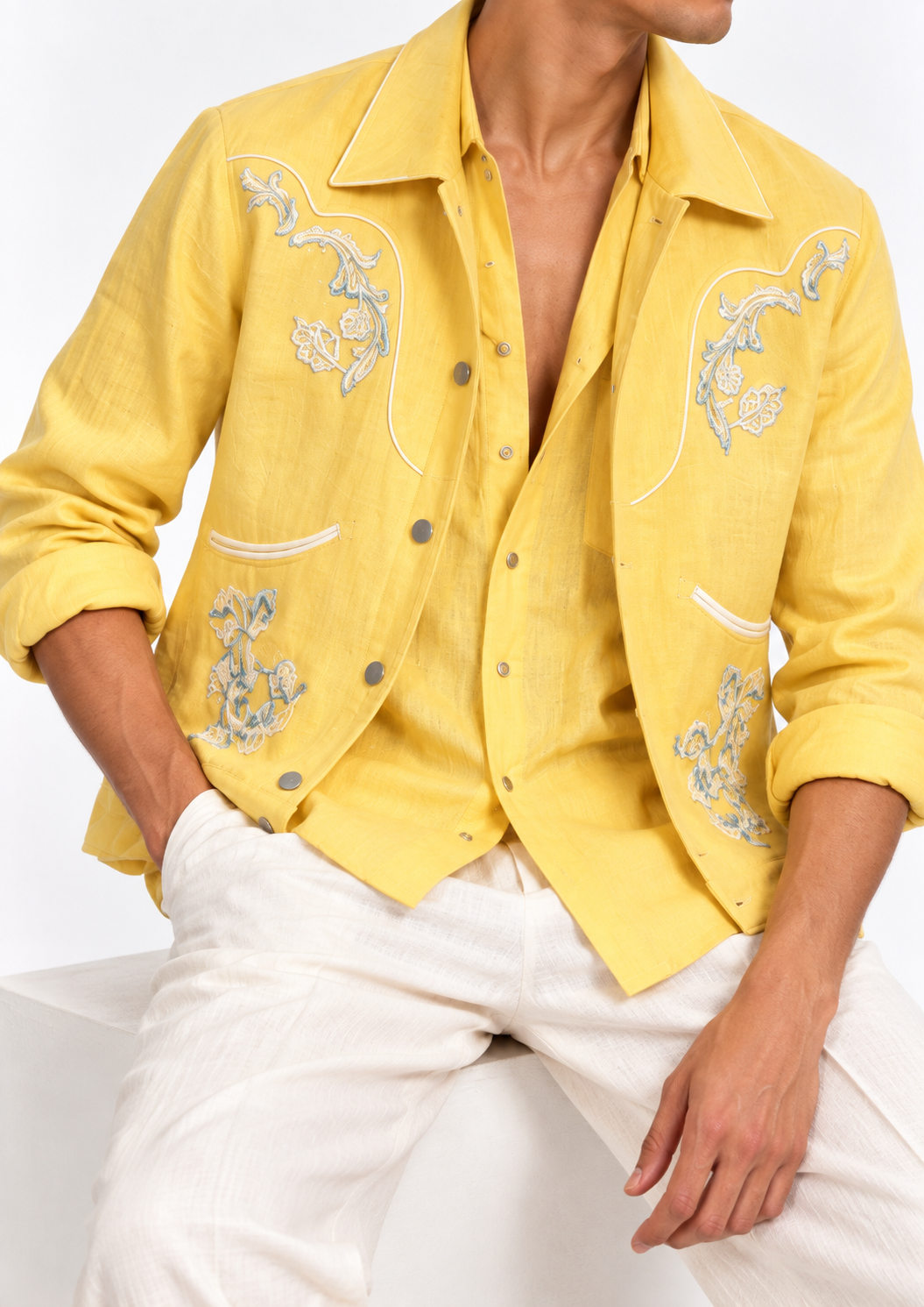 Close-up of sunshine yellow embroidered linen shacket