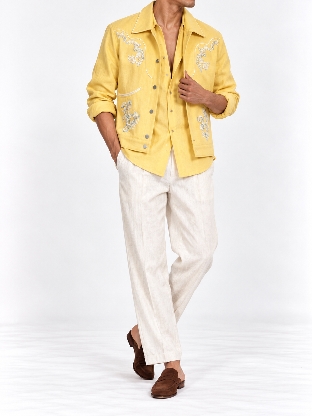 Sunshine yellow embroidered linen shacket worn by model